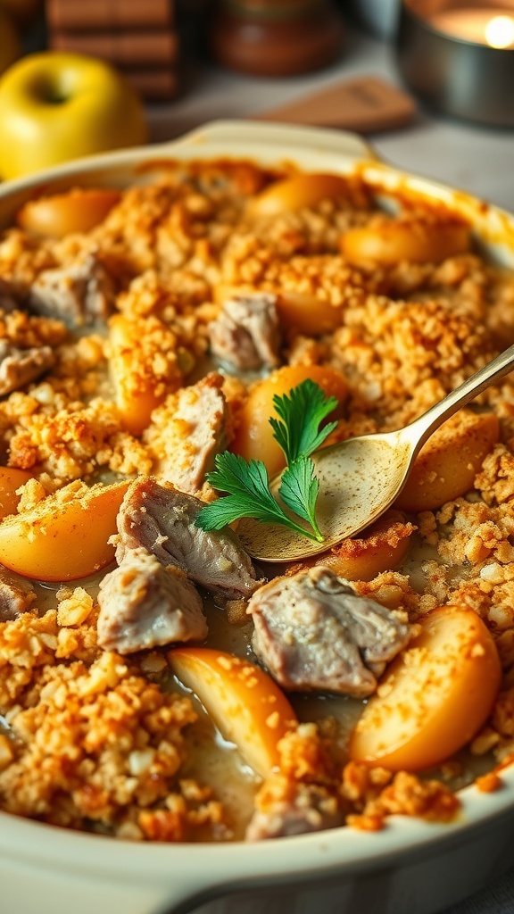 A savory pork and apple casserole with pork chunks and apple slices, topped with golden breadcrumbs and garnished with parsley.
